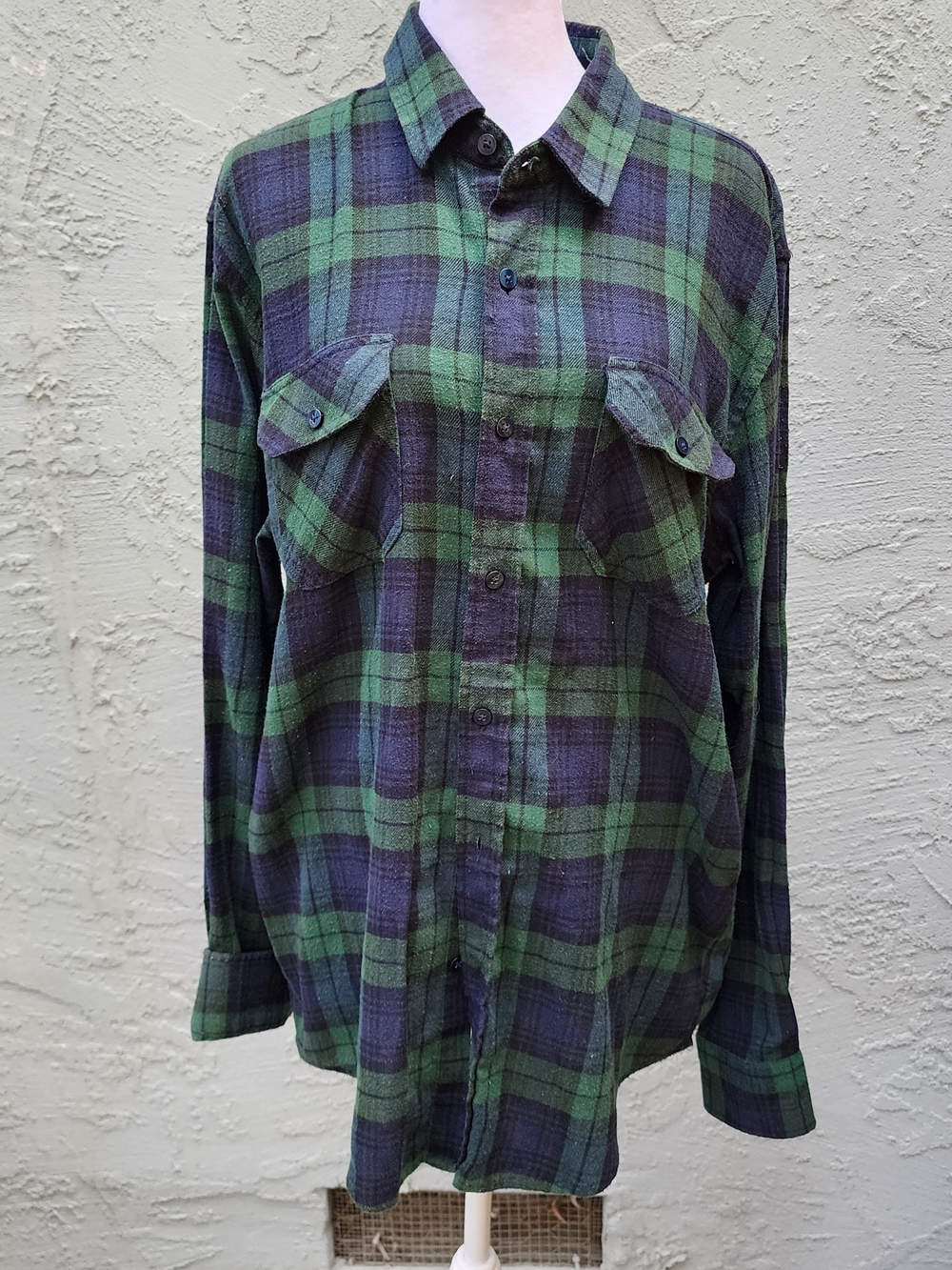 Vintage Men's Green Navy Plaid Long Sleeve Flannel Button Down Shirt [M]